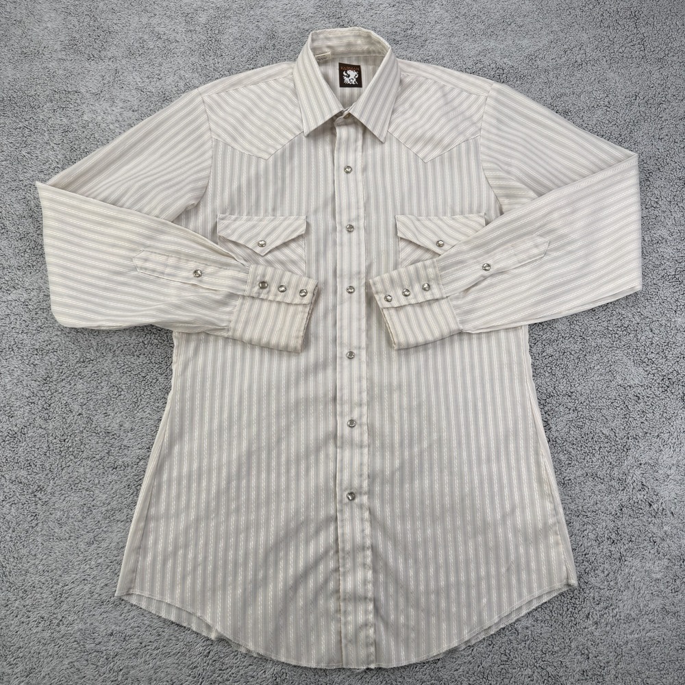 Karman Western Shirt Men 15 34 Beige Blue Stripe Pearl Snap Rodeo Cowboy USA VTG